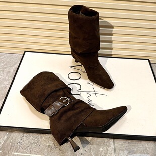 2025新款中筒靴高跟绒面堆堆靴软底不累脚短靴两穿法式方头时装靴