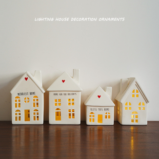 少量现货 出口北欧人工镂空房子造型陶瓷灯饰摆件 家居装饰建筑