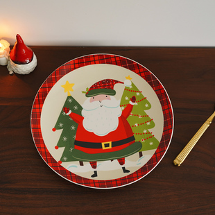10.5寸 出口卡通圣诞老人红格子陶瓷西餐盘 节日牛排盘 大盘圆盘