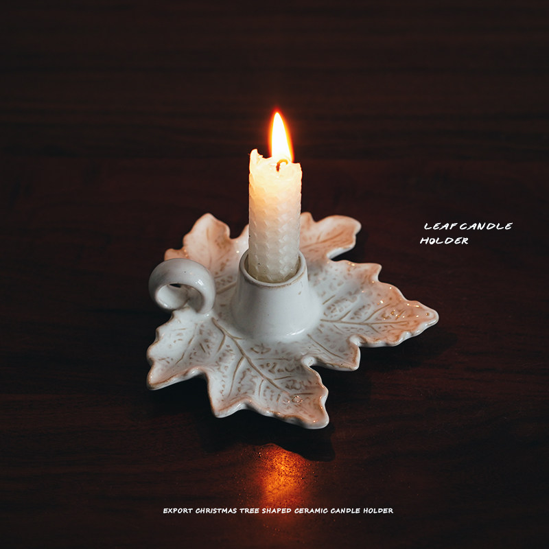 【烛台】出口北欧树叶造型复古陶瓷单手柄陶瓷烛台 创意餐桌布置