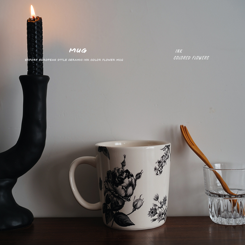 【马克杯】出口欧式水墨花卉陶瓷马克杯 水杯 咖啡杯黑白素描简约