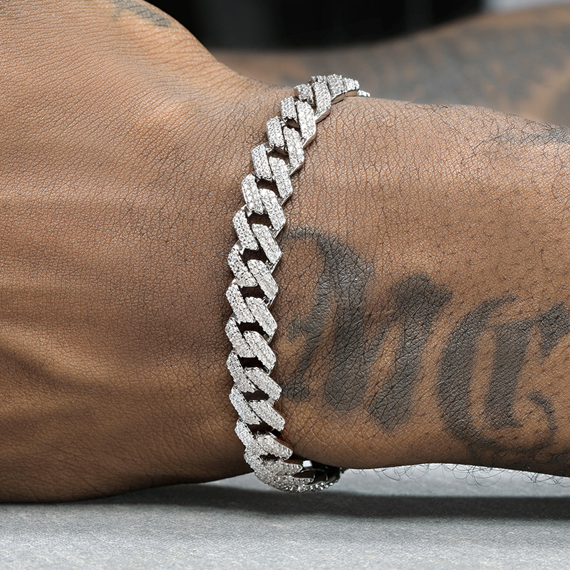 GRGR 镀18K白金菱形满钻古巴链男士手链嘻哈潮流欧美百搭大气手饰