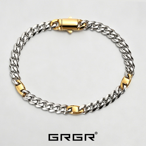 GRGR金色扣钛钢古巴手链