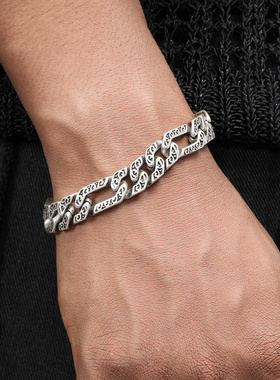 GRGR黑色花纹古巴手链男嘻哈流行cuban link银色钛钢手饰女高级感