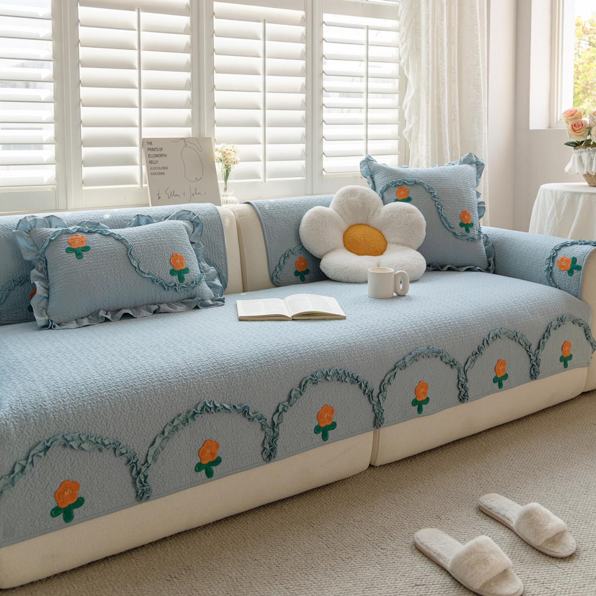 定制蓝色全棉纯色沙发垫简约北欧四季通用布艺实木坐垫防滑套靠背