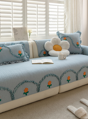 定制蓝色全棉纯色沙发垫简约北欧四季通用布艺实木坐垫防滑套靠背