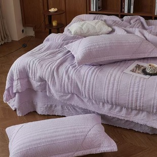 韩国双面100支纯棉砂洗床盖三件套绗缝夹棉床单棉四件套铺盖被套