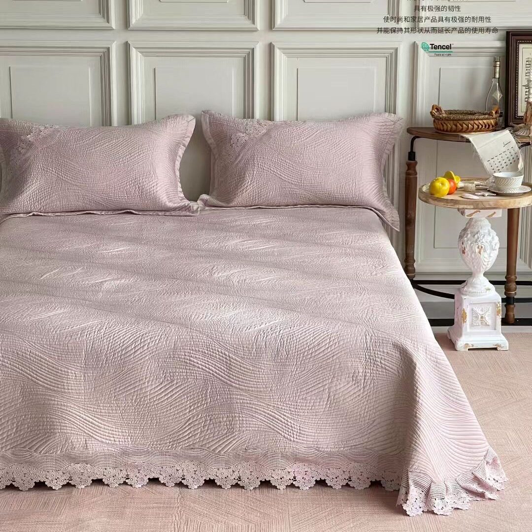 法式双面天丝砂洗床盖三件套花边夹棉床单空调被子四件套四季通用,床上用品,床盖,淘宝优惠券,粉丝福利购,淘宝优惠卷