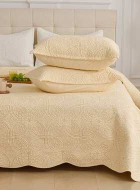 斜纹高档刺绣绗缝夹棉床盖三件套全棉烟紫色机洗床单四季通用柔软