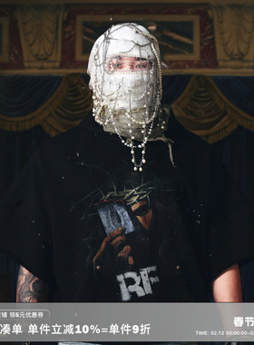 RESERFF 燃烧卡牌 泼墨破坏立体印花拳击短袖连帽卫衣潮牌宽松t恤