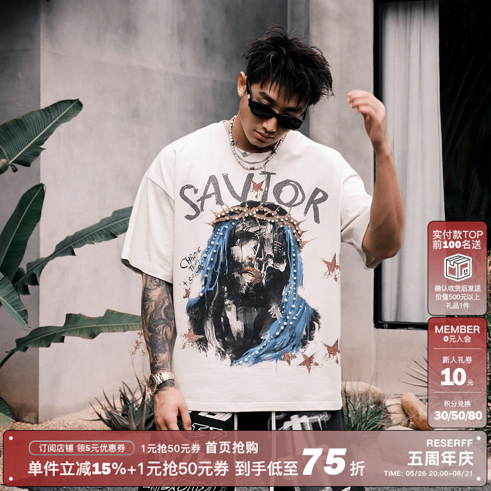 RESERFF 救赎之夜 立体珍珠手绘插画短袖宽松高街复古潮流纯棉T恤