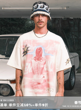 RESERFF 闪电魔女 复古插画限定印花廓形短袖T恤美式街头潮流上衣