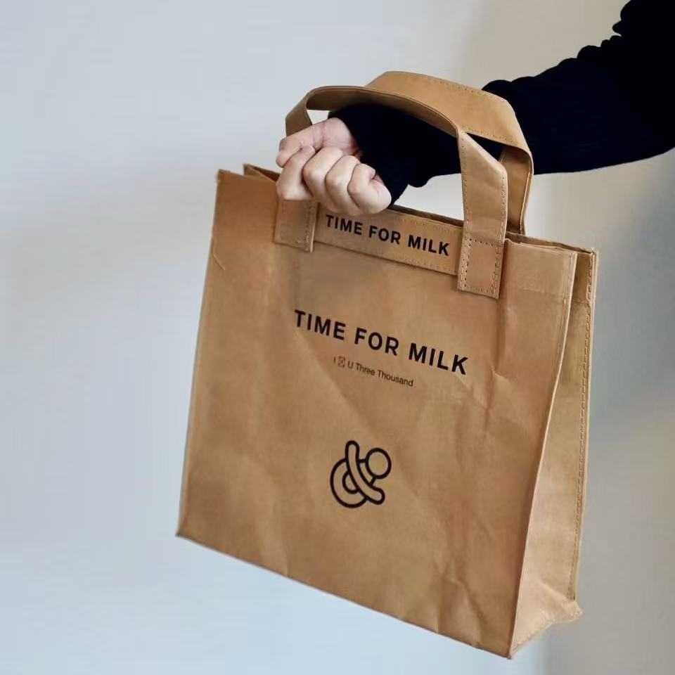 INS风大容量牛皮纸托特包女字母笑脸印花手提包轻便通勤包