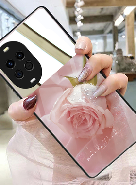 适用华为nova15手机壳14ultra玻璃13pro补妆镜12镜子镜面女nova9小众11高级10玫瑰花粉色红色