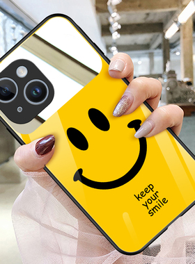 适用苹果15手机壳苹果14pro化妆镜壳iphone13玻璃壳苹果12pro苹果11镜子镜面补妆镜笑脸