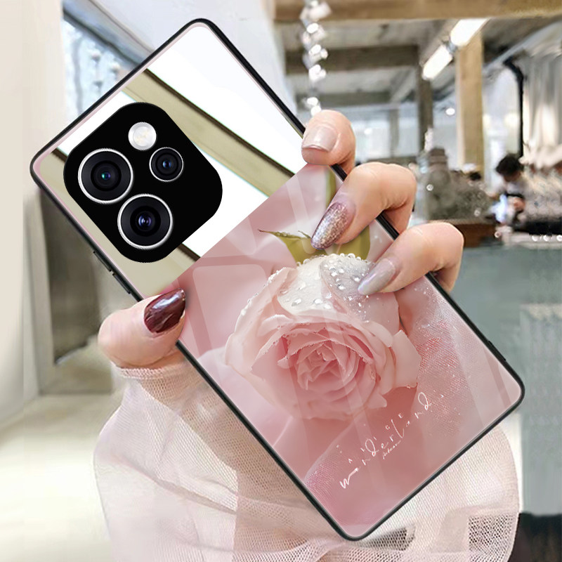 玫瑰花粉适用opporeno15手机壳13玻璃12带镜子11镜面