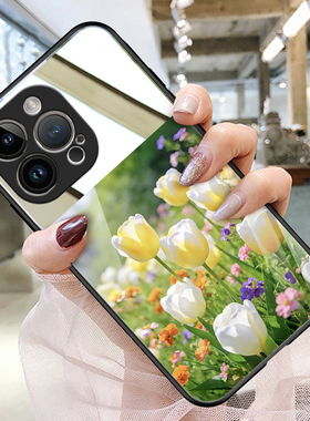 郁金香花iPhone17苹果16promax小米15适用华为mate70镜子pura80镜面vivos50情侣opporeno14手机壳玻璃nova12