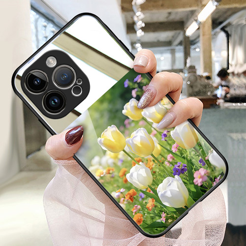 郁金香花iPhone17苹果16promax小米15适用华为mate70镜子pura80镜面vivos50情侣opporeno14手机壳玻璃nova12
