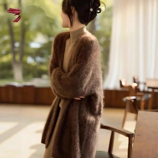 25秋冬新款慵懒风加厚拉毛开衫女中长款V领拉绒毛衣针织外套