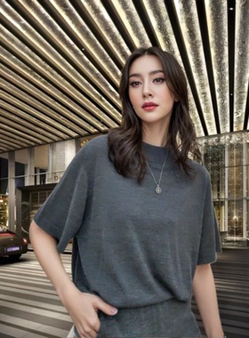 灰色圆领短袖女纯色桑蚕丝羊毛套头衫五分袖T恤P发价只换不退