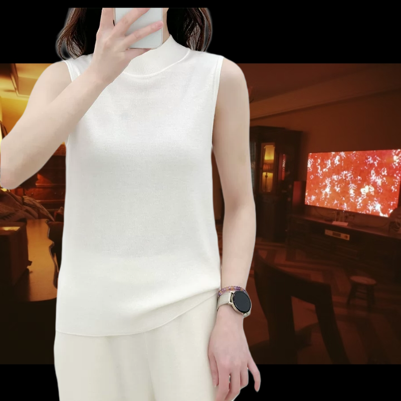 高支美丽诺羊毛修身弹力半高领无袖针织背心打底衫外穿夏