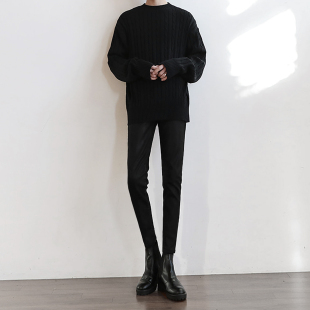 男高弹力百搭高街显瘦显高小脚裤 牛仔裤 子 加厚纯黑色修身 秋冬新款