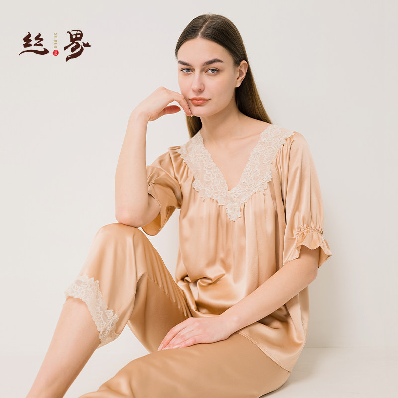 19姆米重磅真丝睡衣女100%桑蚕丝中袖长裤春秋夏季家居服两件套装