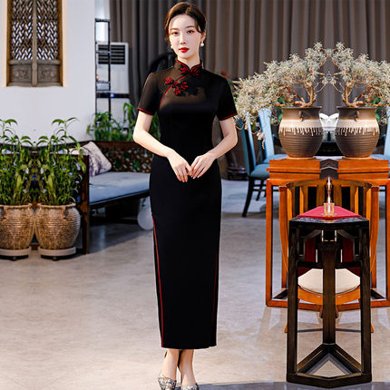 蓝色长款改良旗袍新款2024年轻款女国风复古气质高级感走秀款夏季
