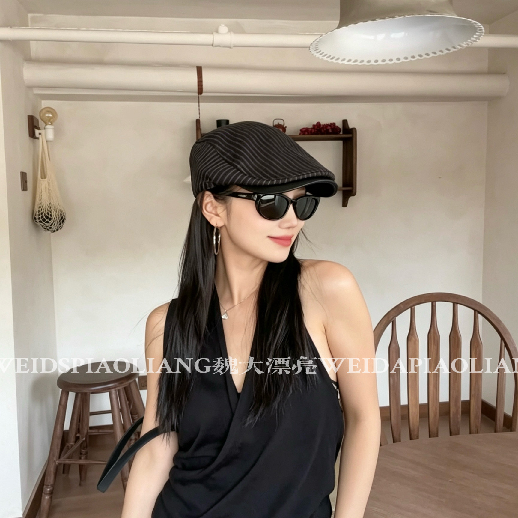 【竖条纹拼皮前进帽】复古条纹皮带扣渔夫帽女慵懒软顶秋冬氛围感
