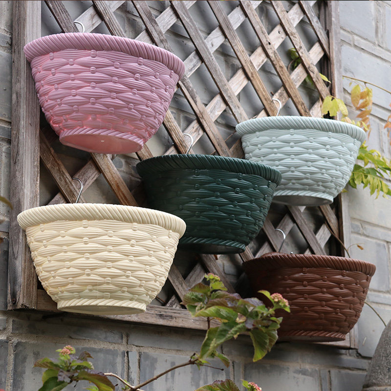 阳台挂墙半圆花盆半壁挂式墙壁挂盆网格木栅栏花架壁挂花盆仿藤编