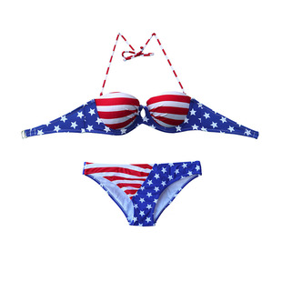 性感比基尼钢托美国红条蓝星印花泳衣抹胸聚拢泳装 海边 女泳裤