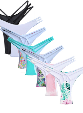 超性感丁字泳裤女绑带高腰欧美走秀条纹比基尼黑色加大码游泳裤海