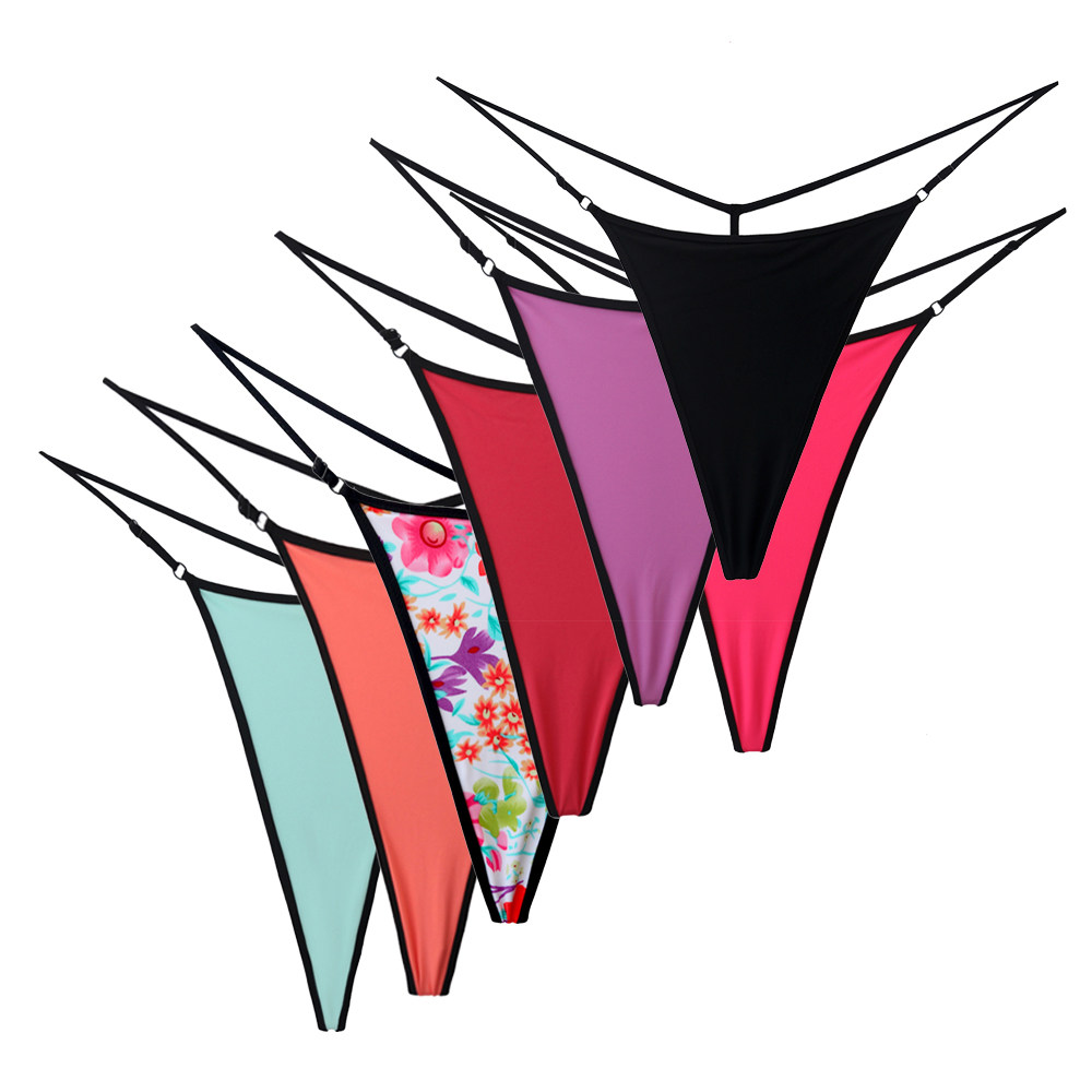 新款超小性感丁字裤比基尼裤撞色带t型泳裤锦纶女士海边黑色温泉