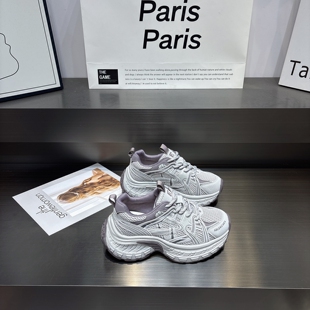 5cm增高软底系带休闲运动鞋 女 女2026春款 真皮网纱透气厚底老爹鞋