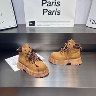 真皮擦色厚底马丁靴短靴女2025秋季新款小众百搭舒适系带大黄靴女