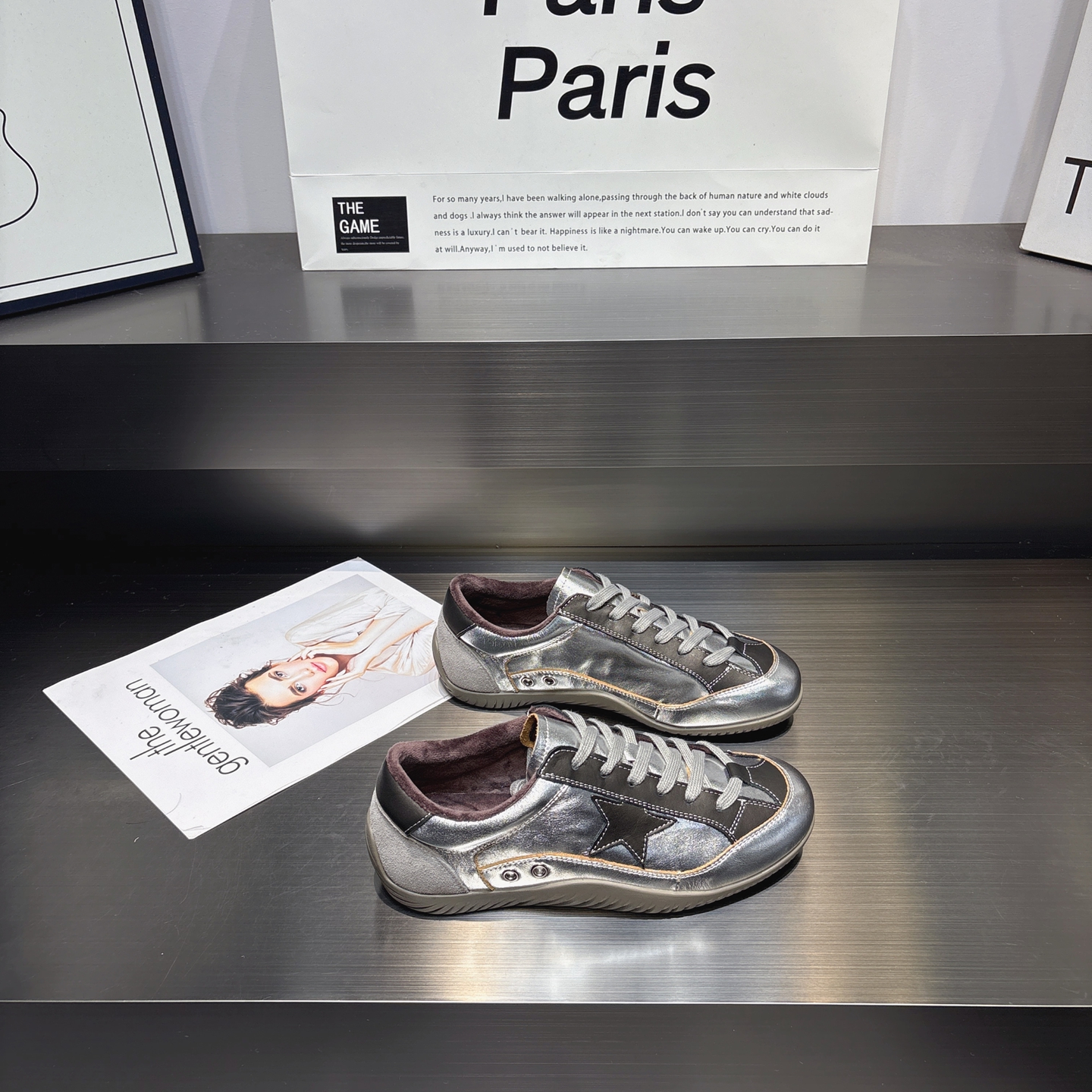 真皮加绒复古银色德训鞋女2025冬季新款百搭显瘦舒适保暖星星板鞋