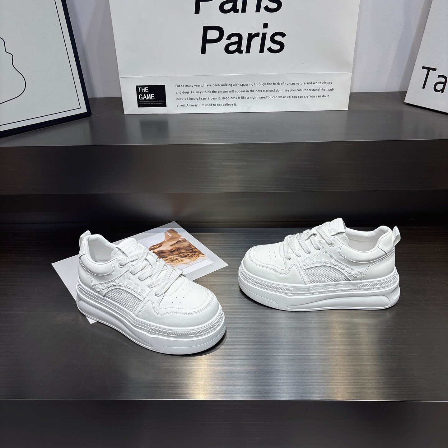 真皮网纱透气厚底小白鞋女2026新款小个子6cm增高系带休闲板鞋女