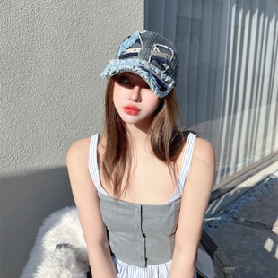 NIUYANG 原创时髦链条牛仔多层次交错棒球帽大面积破损水洗鸭舌帽