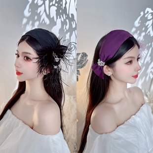 CREAMPP 原创复古宽边燕尾发饰手工驼鸟毛珠钻优雅高颅顶头饰发箍