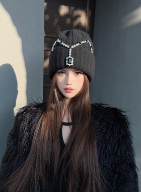 CREAMPP 原创设计师简约质感气质女神宝石吊坠钻饰加厚针织帽冷帽