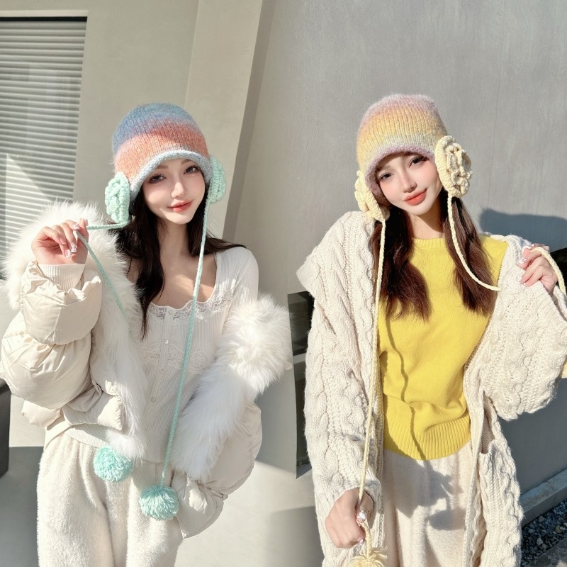 CREAMPP 原创秋冬彩虹渐变色堆堆冷帽手钩加绒耳罩毛球保暖针织帽,服饰配件/皮带/帽子/围巾,帽子,淘宝优惠券,粉丝福利购,淘宝优惠卷