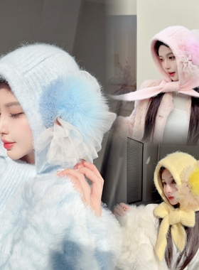 CREAMPP 原创法式洛丽塔梦幻羊毛软糯蓬松褶皱网纱狐狸毛发兜帽