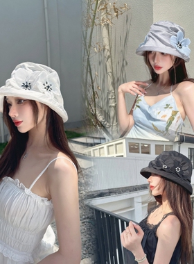 CREAMPP 原创夏季半透薄款透气螺旋褶皱蓬松花朵遮阳帽仿真丝盆帽