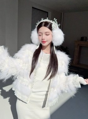 CREAMPP 设计师古典仙气纯手工蕾丝珠钻流苏叶片优雅重工白狐耳罩