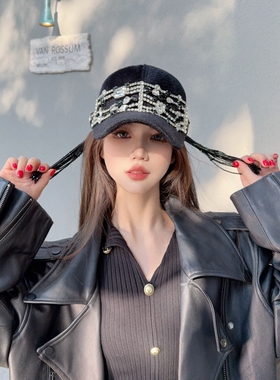 NIUYANG 原创欧美奢华复古潮款重工链条不规则钻饰流苏短绒鸭舌帽