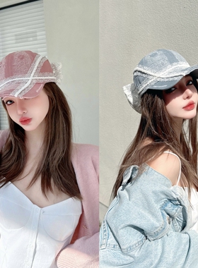 NIUYANG 原创欧若风甜美少女线条串珠棒球帽蕾丝蝴蝶结做旧鸭舌帽