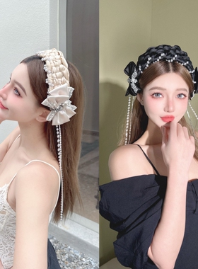 CREAMPP 原创法式发箍丝缎宽边编织珍珠缠绕流苏发饰双蝴蝶结发箍