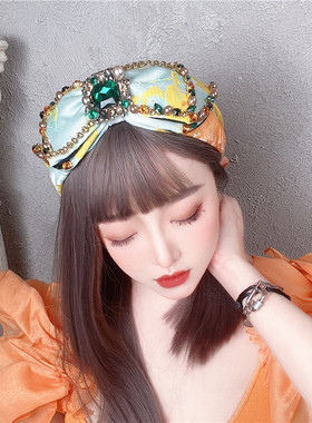 CREAMPP 原创中式复古风彩钻提花双蝴蝶结布艺宝石吊坠宽发箍发饰