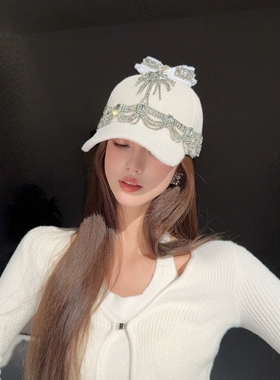 NIUYANG 原创高奢订制环绕波浪花边锆石钻蝴蝶结短绒高颅顶鸭舌帽