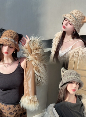 CREAMPP 设计师潮款加厚兔毛绒钻饰字母渔夫帽3D立体皮草猫耳盆帽
